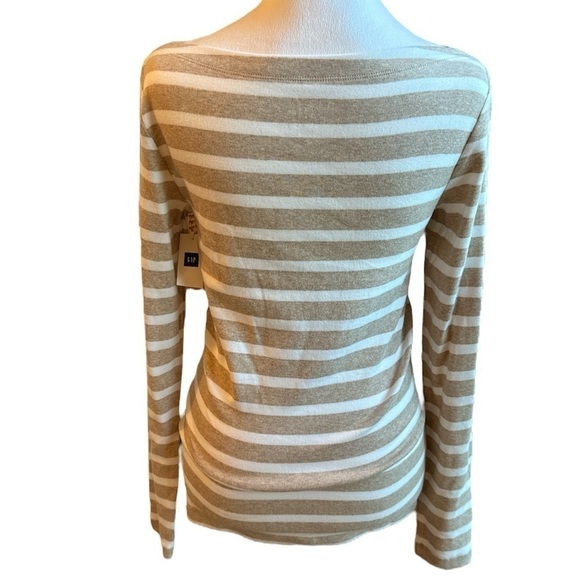 NWT GAP Modern Boat Neck Tan Oatmeal & White Stripe Long Sleeve Tee size Small - Picture 4 of 12